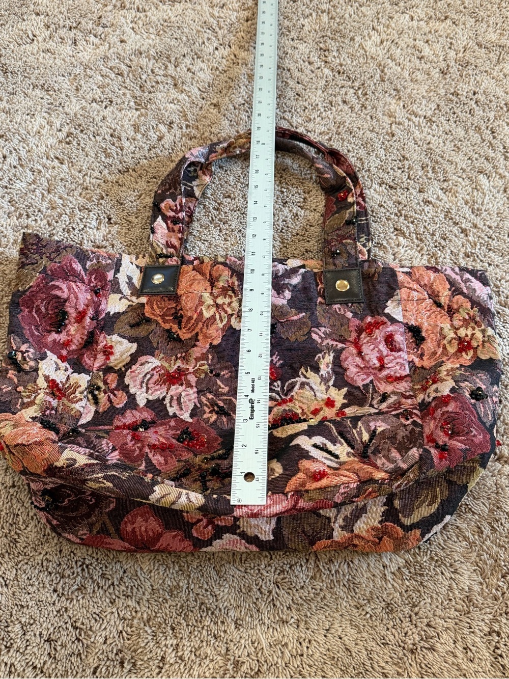 New Anthropologie Maeve Floral beaded Tote Bag brown pink tapestry embellished - Picture 5 of 15